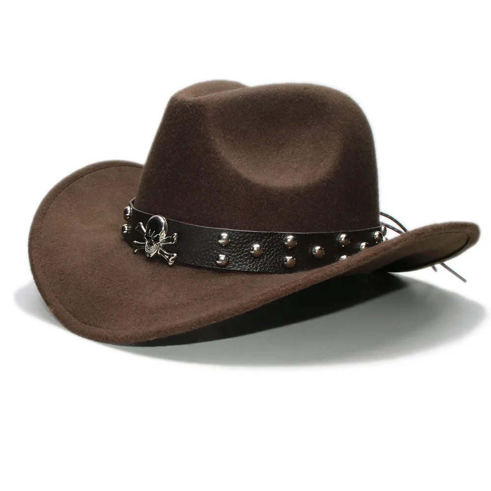 Woollen Fedoras Hats with Skull / Alternative Fashion Retro West Cowboy Hat / Wide Rims Bowler Hat