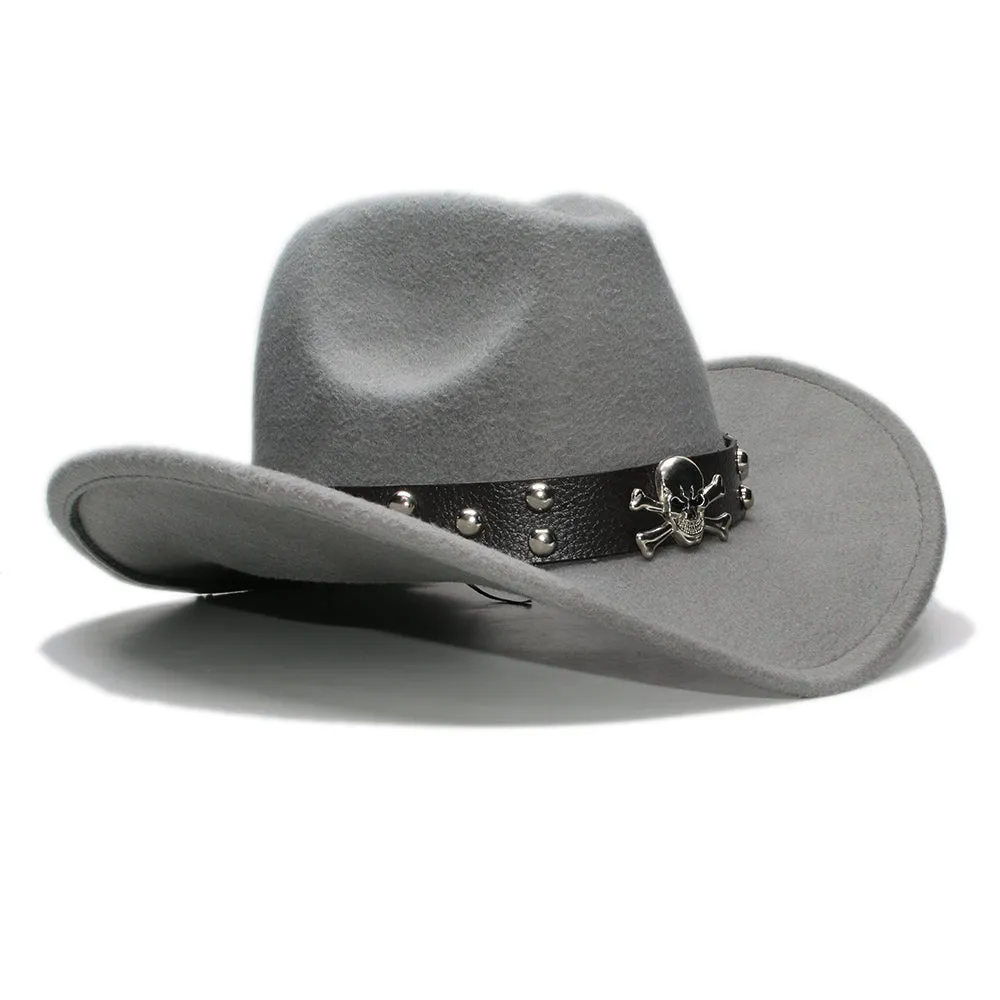 Woollen Fedoras Hats with Skull / Alternative Fashion Retro West Cowboy Hat / Wide Rims Bowler Hat