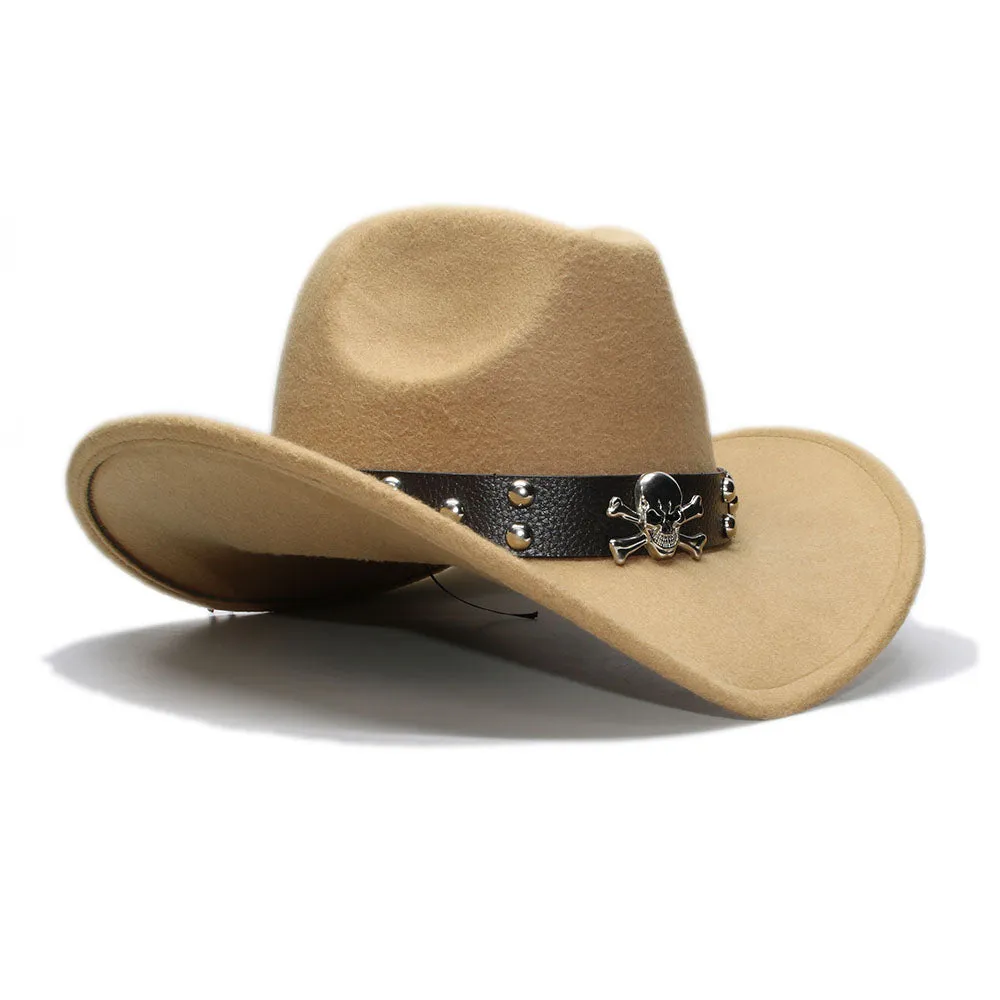 Woollen Fedoras Hats with Skull / Alternative Fashion Retro West Cowboy Hat / Wide Rims Bowler Hat
