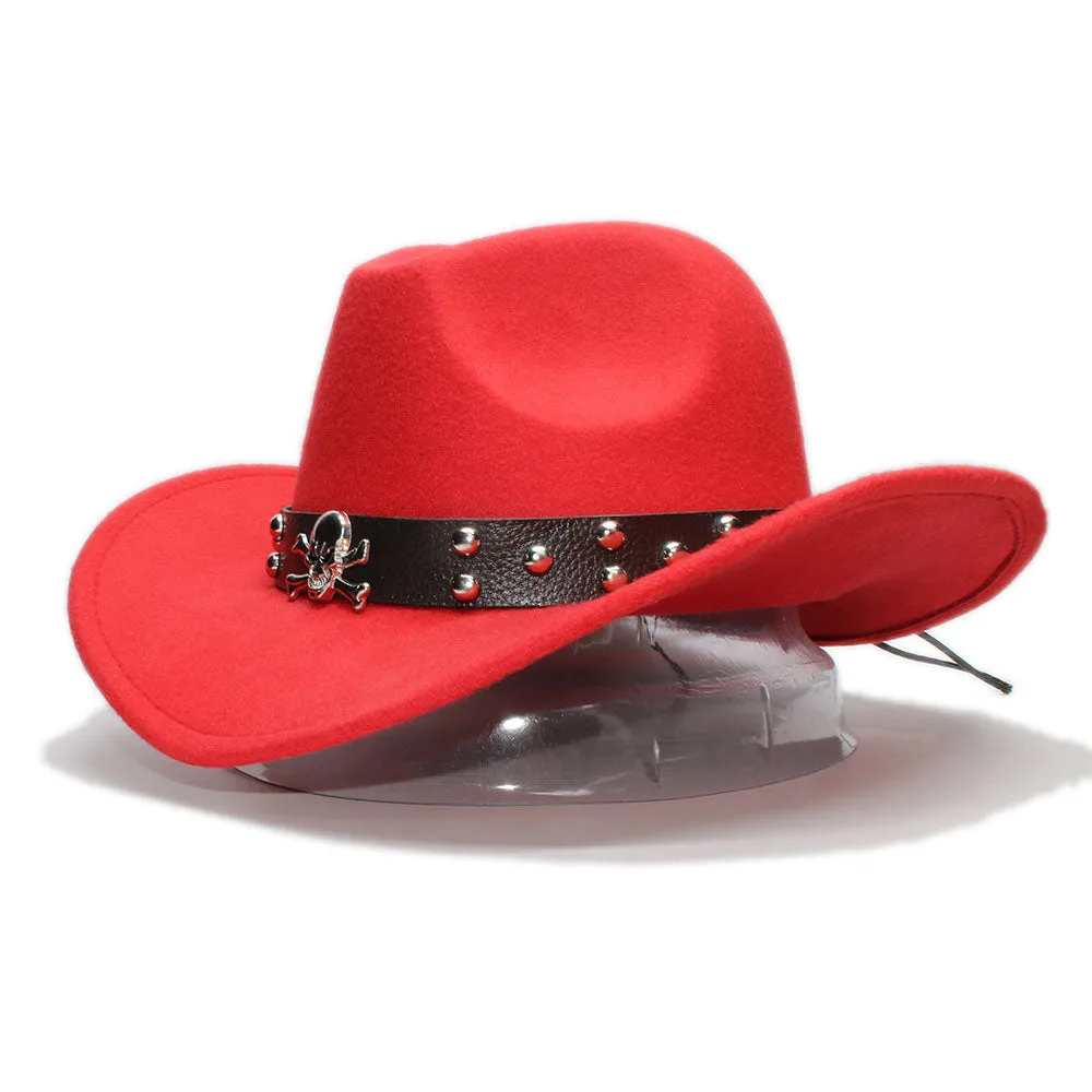 Woollen Fedoras Hats with Skull / Alternative Fashion Retro West Cowboy Hat / Wide Rims Bowler Hat