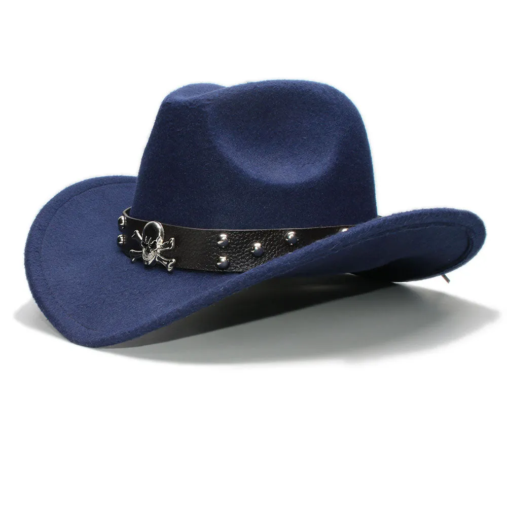 Woollen Fedoras Hats with Skull / Alternative Fashion Retro West Cowboy Hat / Wide Rims Bowler Hat