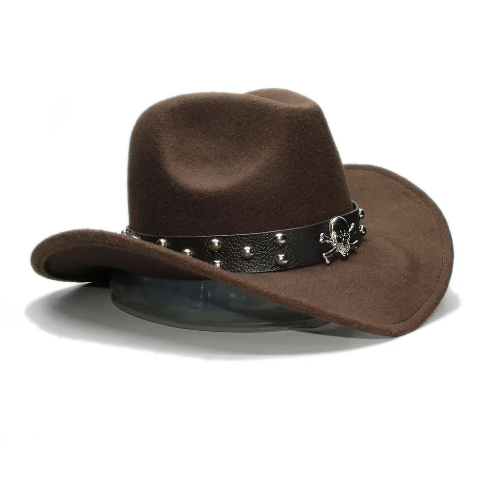 Woollen Fedoras Hats with Skull / Alternative Fashion Retro West Cowboy Hat / Wide Rims Bowler Hat
