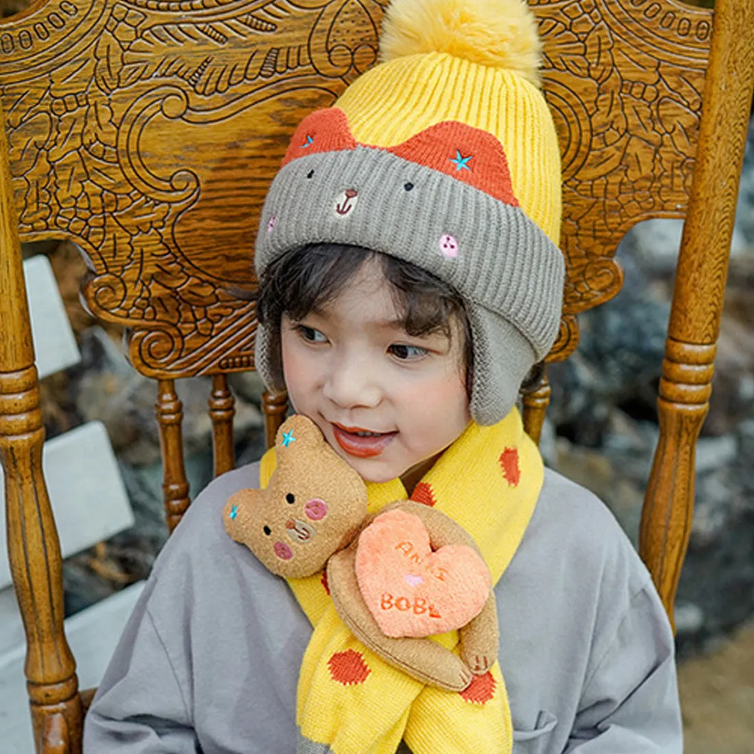 Yellow & Grey Bear Winter Cap & Neck Muffler Set