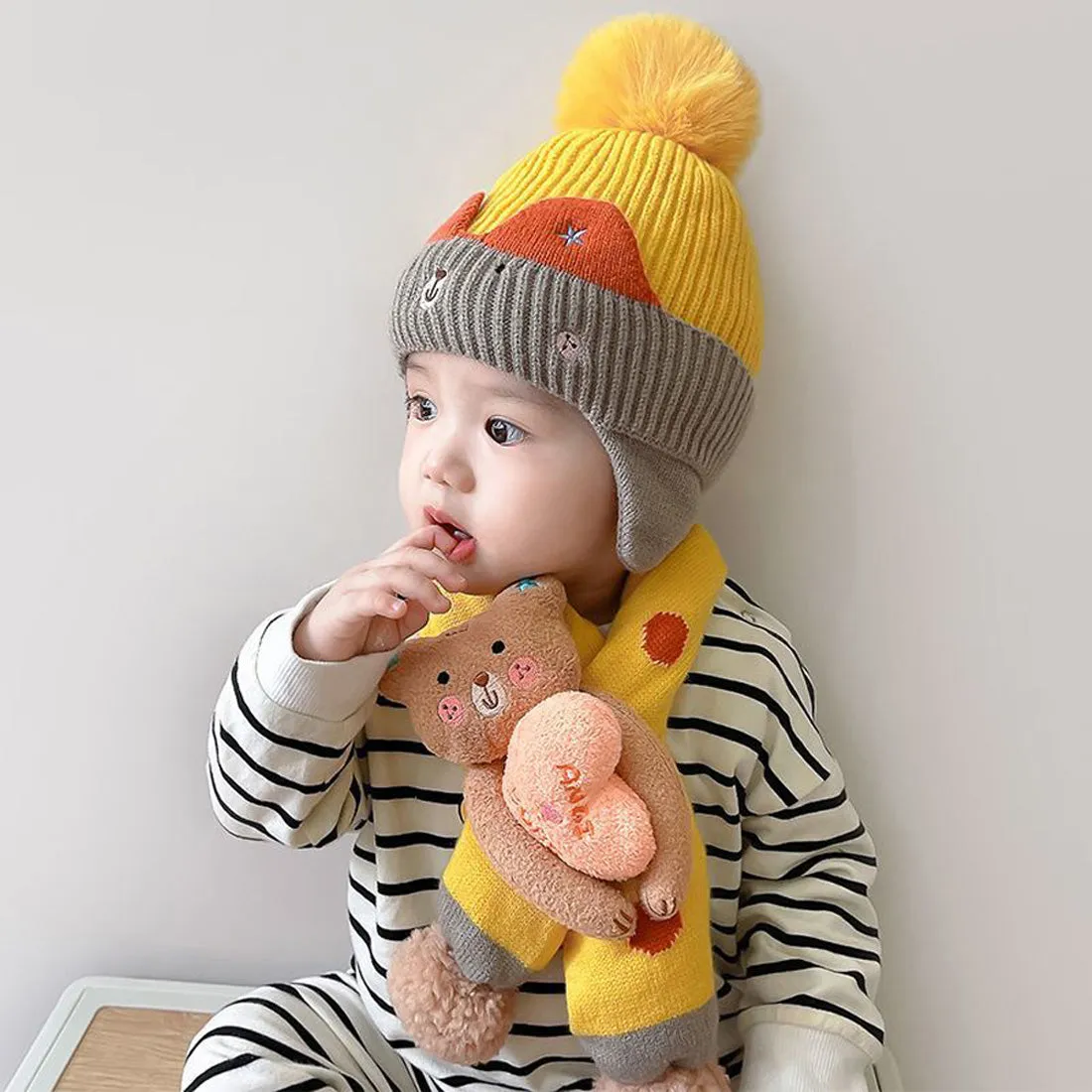 Yellow & Grey Bear Winter Cap & Neck Muffler Set